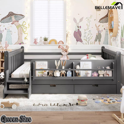 Bellemave® Kids Floor Bed with Storage Bookcases & Drawers, Solid Wood Montessori Floor Bed with Guardrails and Cute Stairs, No Box Spring Needed - Bellemave