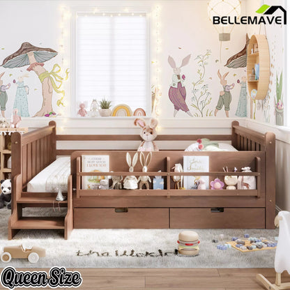 Bellemave® Kids Floor Bed with Storage Bookcases & Drawers, Solid Wood Montessori Floor Bed with Guardrails and Cute Stairs, No Box Spring Needed - Bellemave