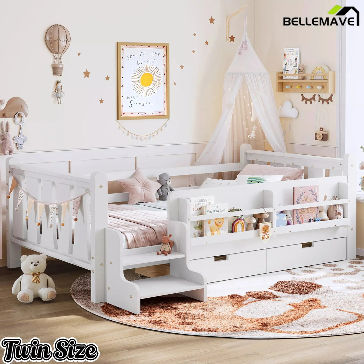 Bellemave® Kids Floor Bed with Storage Bookcases & Drawers, Solid Wood Montessori Floor Bed with Guardrails and Cute Stairs, No Box Spring Needed - Bellemave