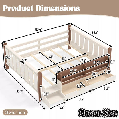 Bellemave® Kids Floor Bed with Storage Bookcases & Drawers, Solid Wood Montessori Floor Bed with Guardrails and Cute Stairs, No Box Spring Needed - Bellemave