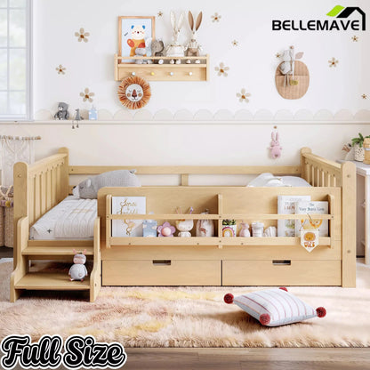 Bellemave® Kids Floor Bed with Storage Bookcases & Drawers, Solid Wood Montessori Floor Bed with Guardrails and Cute Stairs, No Box Spring Needed - Bellemave
