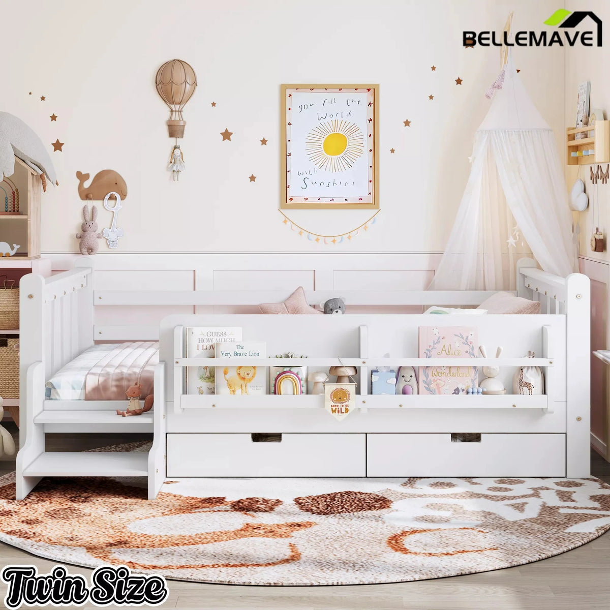 Bellemave® Kids Floor Bed with Storage Bookcases & Drawers, Solid Wood Montessori Floor Bed with Guardrails and Cute Stairs, No Box Spring Needed - Bellemave