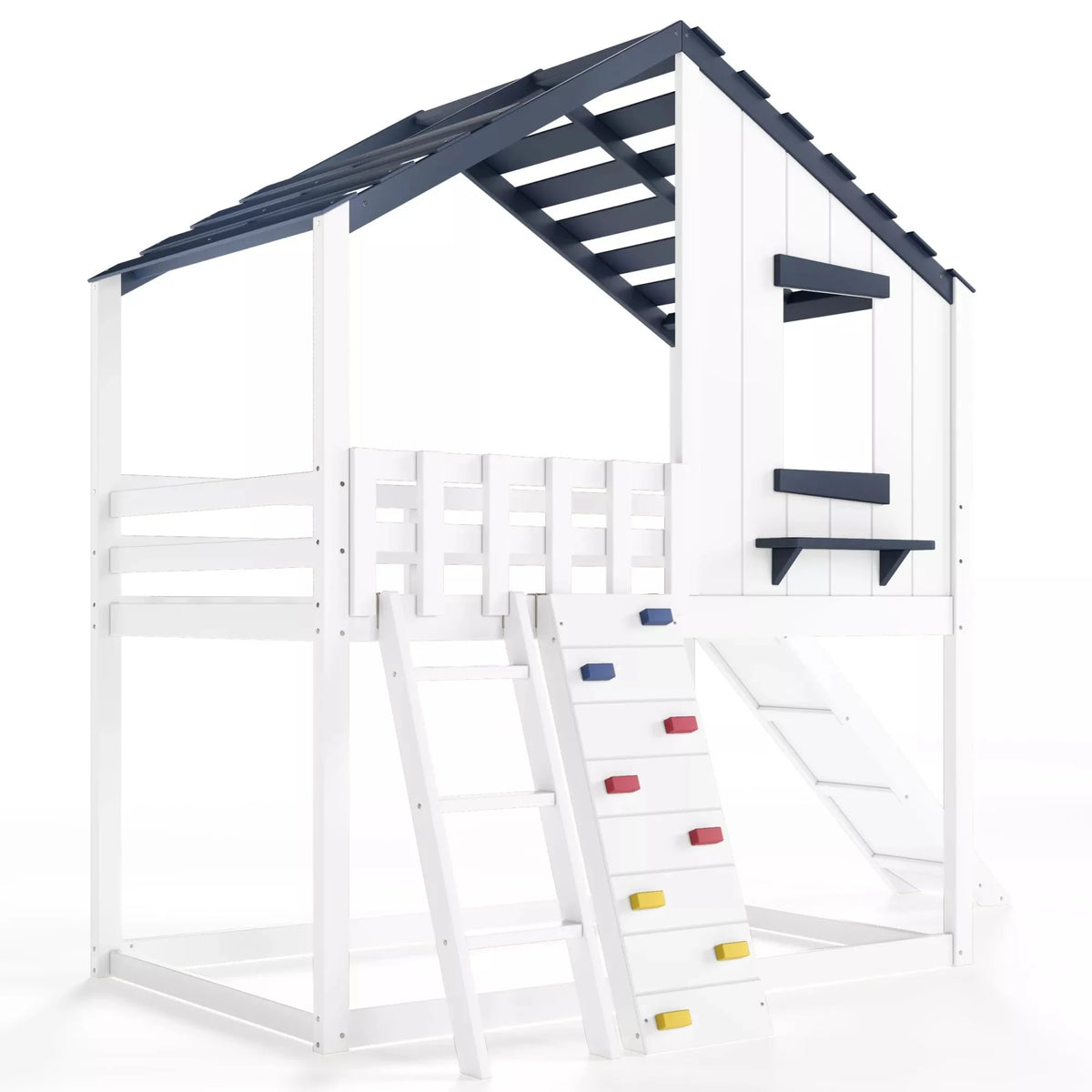 Kids loft bed with house shaped roof and window design