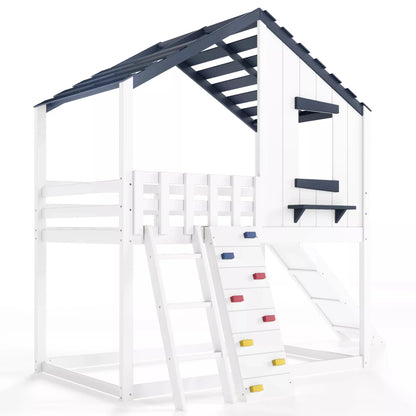 Kids loft bed with house shaped roof and window design