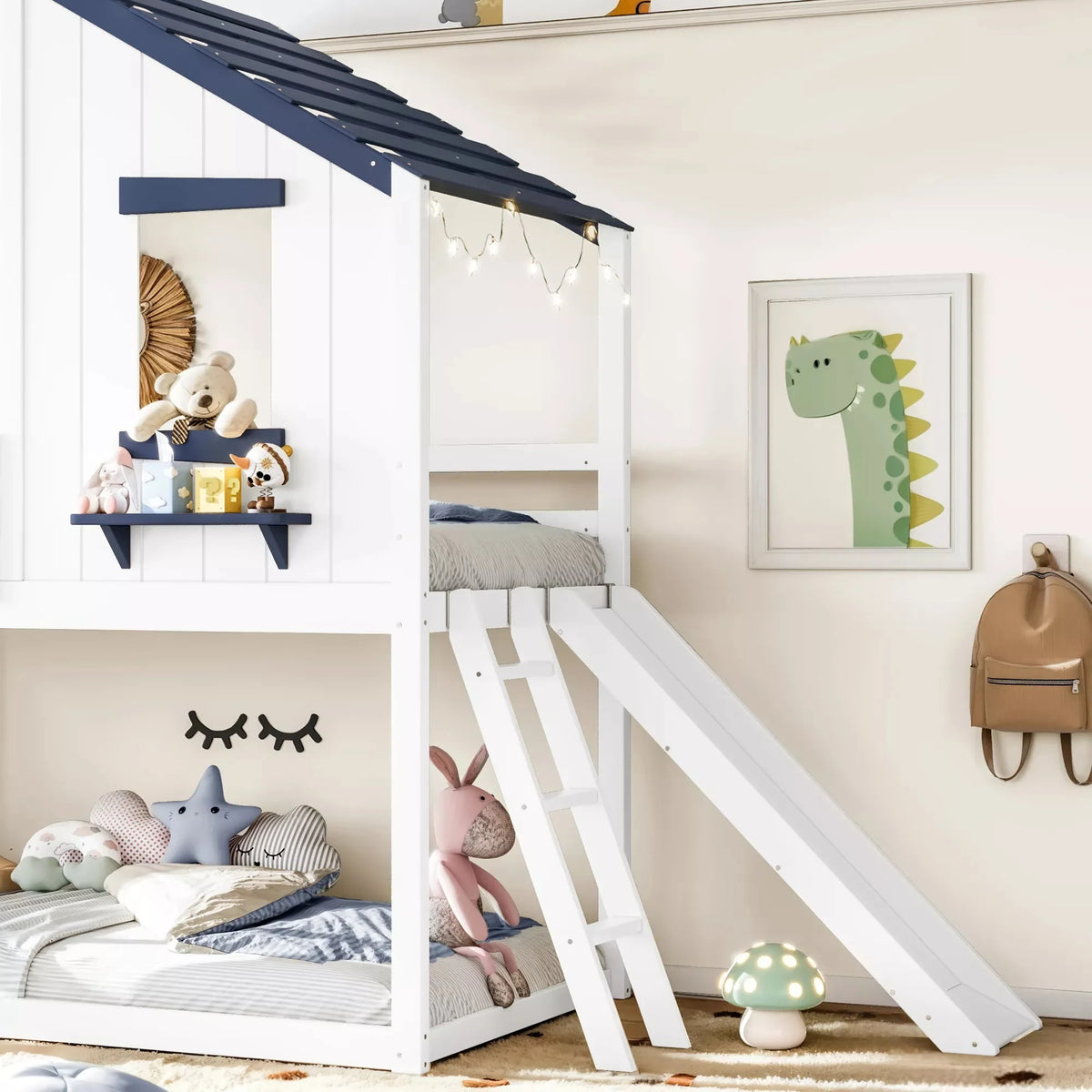 Convertible playhouse loft bed with slide and flexible placement design