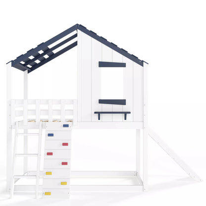 Kids loft bed with house shaped roof and window design