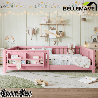 Bellemave® Queen Size Floor Bed with Slats and Safety Guardrail, Easy Assemble Montessori Beds with Fence and Built-in Bookshelf for Girls, Boys, White - Bellemave