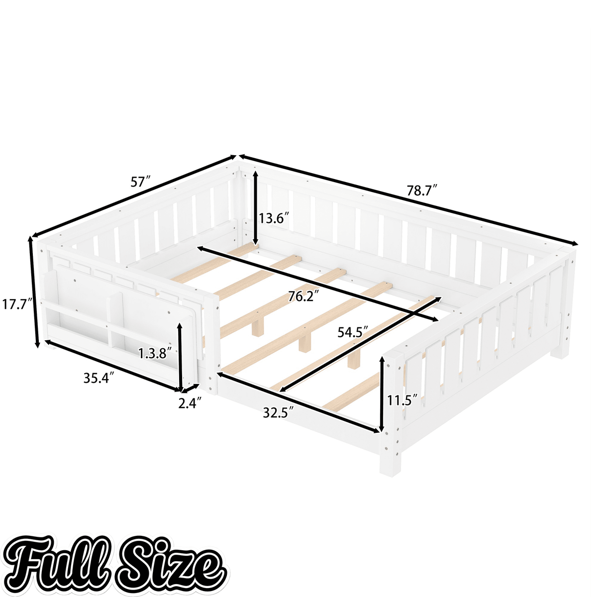 Bellemave® Queen Size Floor Bed with Slats and Safety Guardrail, Easy Assemble Montessori Beds with Fence and Built - in Bookshelf for Girls, Boys, White - Bellemave