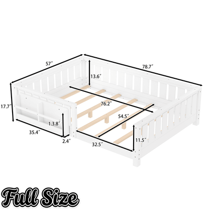 Bellemave® Queen Size Floor Bed with Slats and Safety Guardrail, Easy Assemble Montessori Beds with Fence and Built - in Bookshelf for Girls, Boys, White - Bellemave