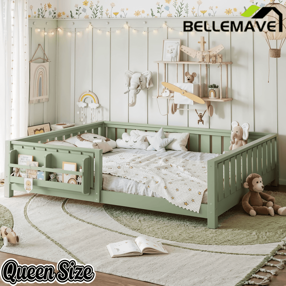 Bellemave® Queen Size Floor Bed with Slats and Safety Guardrail, Easy Assemble Montessori Beds with Fence and Built-in Bookshelf for Girls, Boys, White - Bellemave