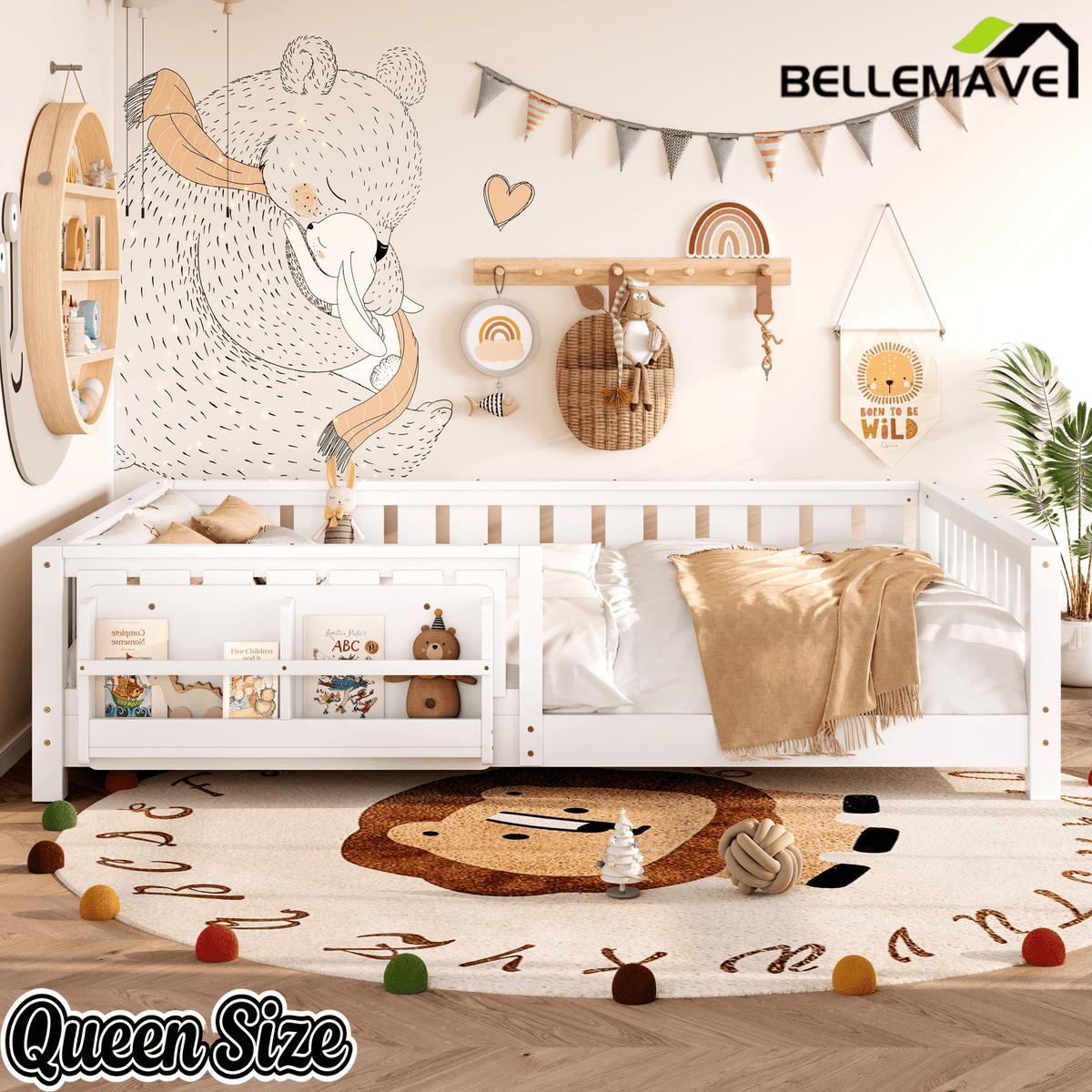 Bellemave® Queen Size Floor Bed with Slats and Safety Guardrail, Easy Assemble Montessori Beds with Fence and Built - in Bookshelf for Girls, Boys, White - Bellemave