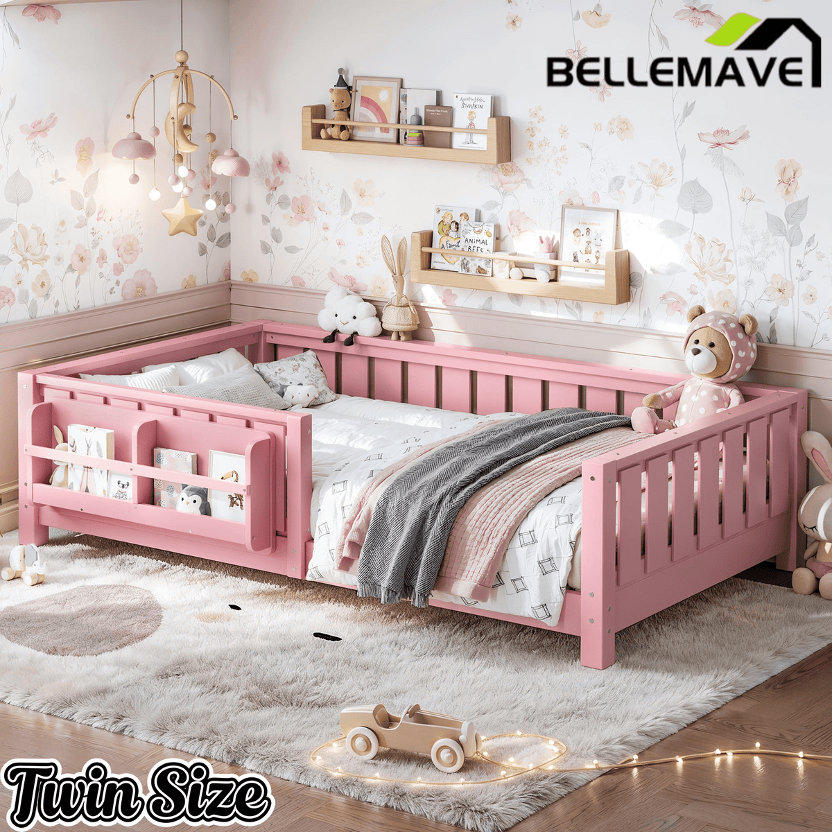 Bellemave® Queen Size Floor Bed with Slats and Safety Guardrail, Easy Assemble Montessori Beds with Fence and Built-in Bookshelf for Girls, Boys, White - Bellemave