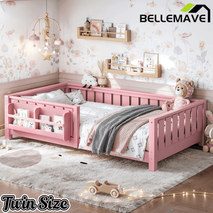 Bellemave® Queen Size Floor Bed with Slats and Safety Guardrail, Easy Assemble Montessori Beds with Fence and Built-in Bookshelf for Girls, Boys, White - Bellemave