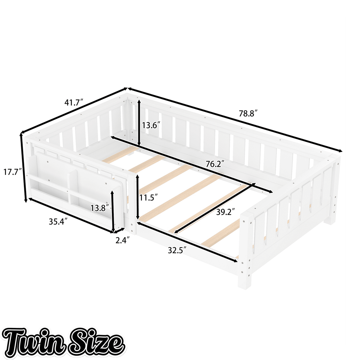 Bellemave® Queen Size Floor Bed with Slats and Safety Guardrail, Easy Assemble Montessori Beds with Fence and Built - in Bookshelf for Girls, Boys, White - Bellemave