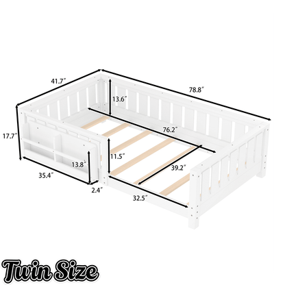 Bellemave® Queen Size Floor Bed with Slats and Safety Guardrail, Easy Assemble Montessori Beds with Fence and Built - in Bookshelf for Girls, Boys, White - Bellemave