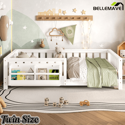 Bellemave® Queen Size Floor Bed with Slats and Safety Guardrail, Easy Assemble Montessori Beds with Fence and Built - in Bookshelf for Girls, Boys, White - Bellemave