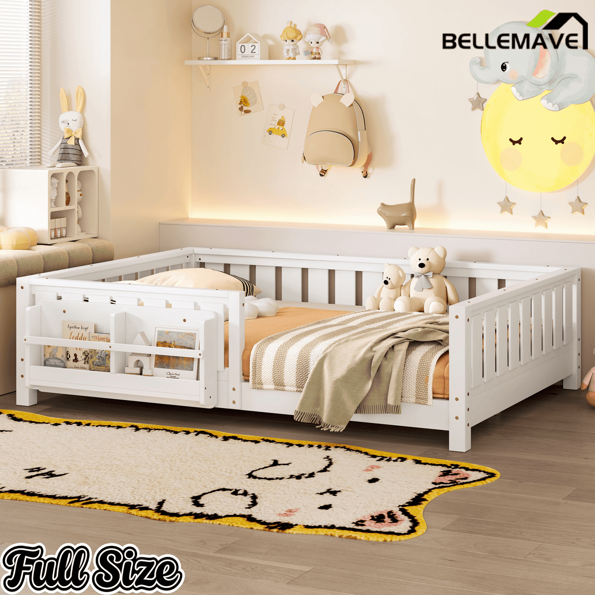 Bellemave® Queen Size Floor Bed with Slats and Safety Guardrail, Easy Assemble Montessori Beds with Fence and Built - in Bookshelf for Girls, Boys, White - Bellemave