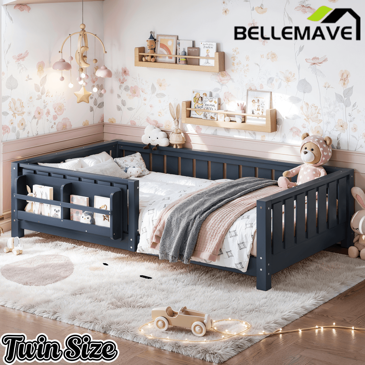 Bellemave® Queen Size Floor Bed with Slats and Safety Guardrail, Easy Assemble Montessori Beds with Fence and Built - in Bookshelf for Girls, Boys, White - Bellemave