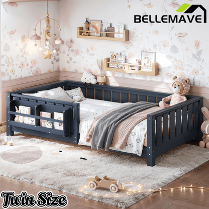 Bellemave® Queen Size Floor Bed with Slats and Safety Guardrail, Easy Assemble Montessori Beds with Fence and Built - in Bookshelf for Girls, Boys, White - Bellemave