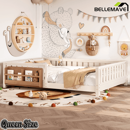 Bellemave® Queen Size Floor Bed with Slats and Safety Guardrail, Easy Assemble Montessori Beds with Fence and Built - in Bookshelf for Girls, Boys, White - Bellemave