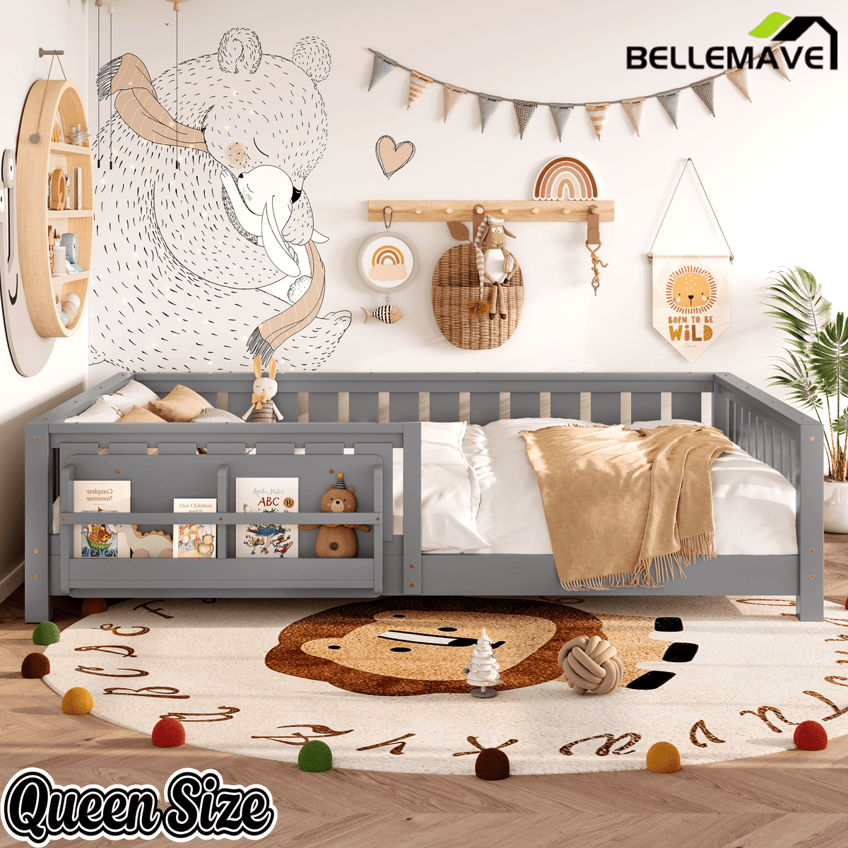 Bellemave® Queen Size Floor Bed with Slats and Safety Guardrail, Easy Assemble Montessori Beds with Fence and Built - in Bookshelf for Girls, Boys, White - Bellemave