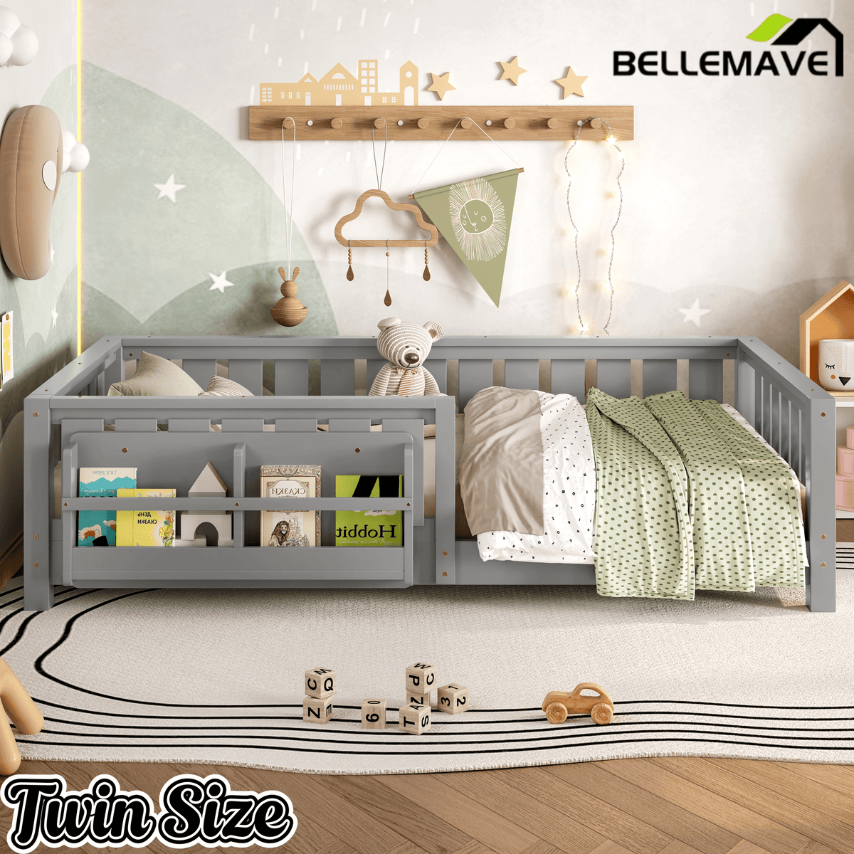 Bellemave® Queen Size Floor Bed with Slats and Safety Guardrail, Easy Assemble Montessori Beds with Fence and Built - in Bookshelf for Girls, Boys, White - Bellemave