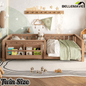 Bellemave® Queen Size Floor Bed with Slats and Safety Guardrail, Easy Assemble Montessori Beds with Fence and Built - in Bookshelf for Girls, Boys, White - Bellemave