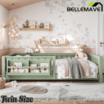 Bellemave® Queen Size Floor Bed with Slats and Safety Guardrail, Easy Assemble Montessori Beds with Fence and Built-in Bookshelf for Girls, Boys, White - Bellemave