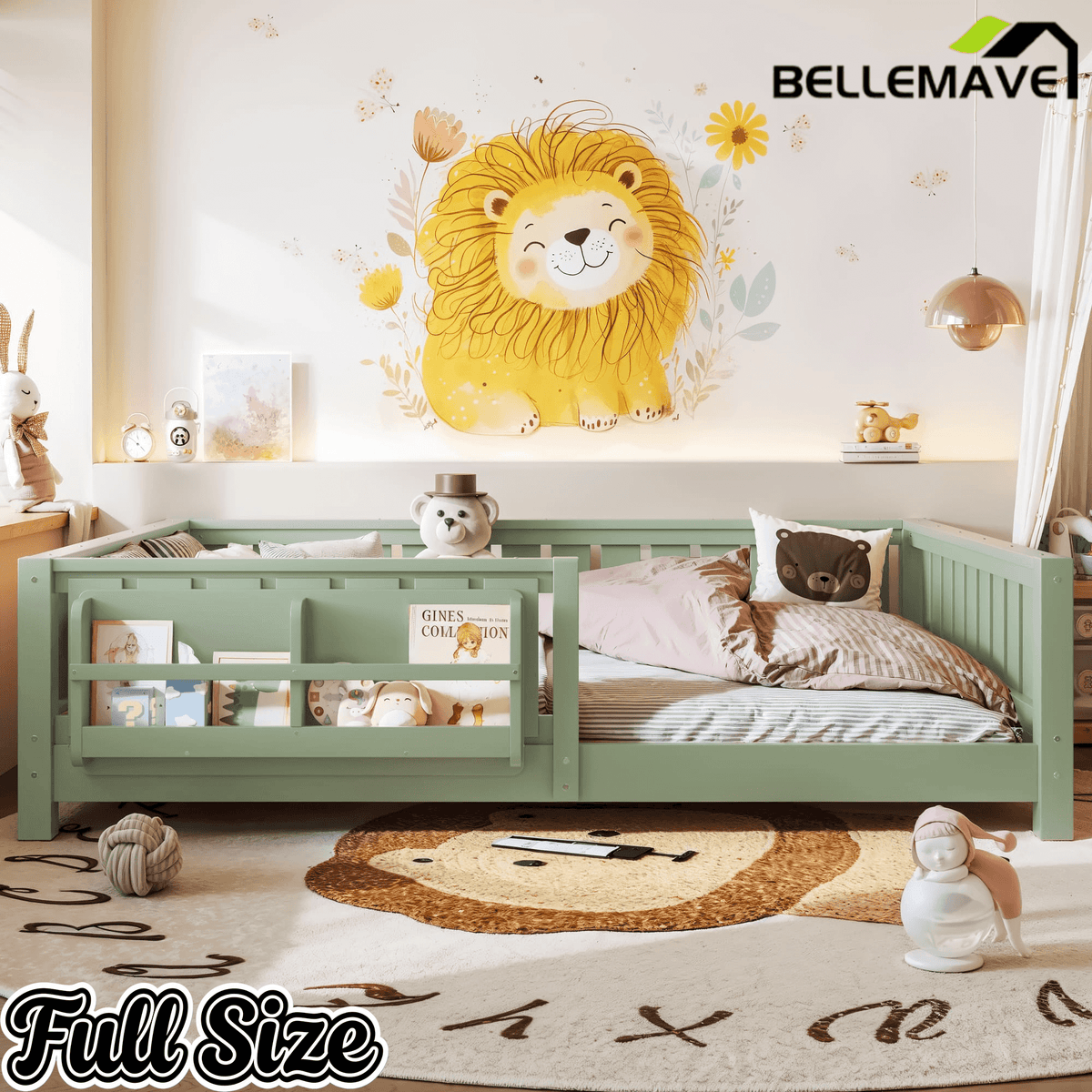 Bellemave® Queen Size Floor Bed with Slats and Safety Guardrail, Easy Assemble Montessori Beds with Fence and Built-in Bookshelf for Girls, Boys, White - Bellemave