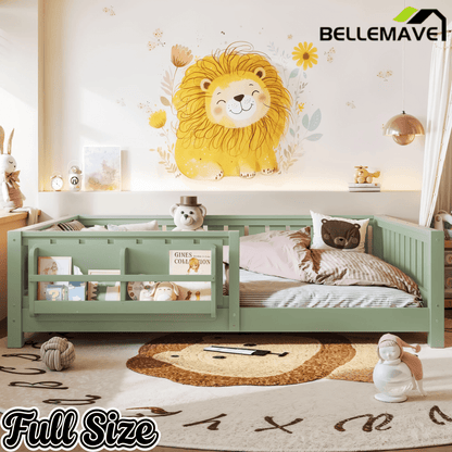 Bellemave® Queen Size Floor Bed with Slats and Safety Guardrail, Easy Assemble Montessori Beds with Fence and Built-in Bookshelf for Girls, Boys, White - Bellemave