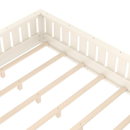 Bellemave® Queen Size Floor Bed with Slats and Safety Guardrail, Easy Assemble Montessori Beds with Fence and Built - in Bookshelf for Girls, Boys, White - Bellemave