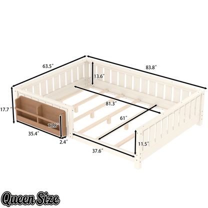Bellemave® Queen Size Floor Bed with Slats and Safety Guardrail, Easy Assemble Montessori Beds with Fence and Built - in Bookshelf for Girls, Boys, White - Bellemave