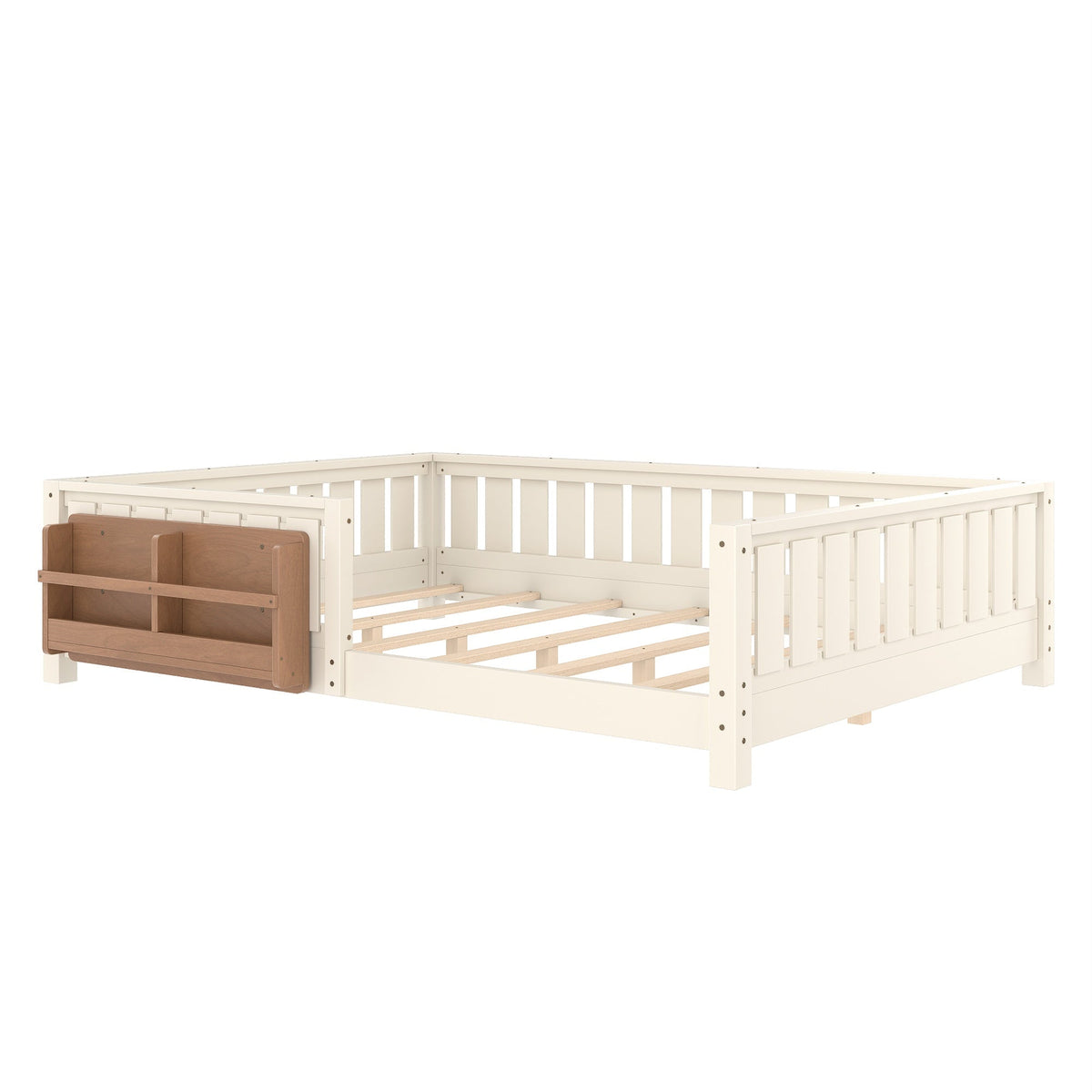 Bellemave® Queen Size Floor Bed with Slats and Safety Guardrail, Easy Assemble Montessori Beds with Fence and Built - in Bookshelf for Girls, Boys, White - Bellemave