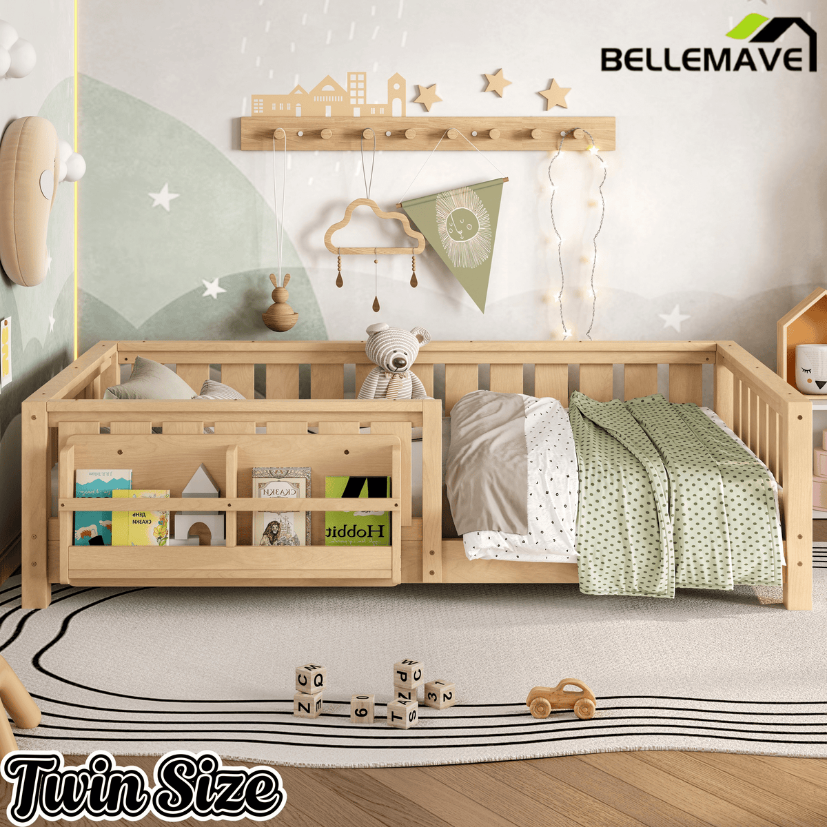 Bellemave® Queen Size Floor Bed with Slats and Safety Guardrail, Easy Assemble Montessori Beds with Fence and Built - in Bookshelf for Girls, Boys, White - Bellemave