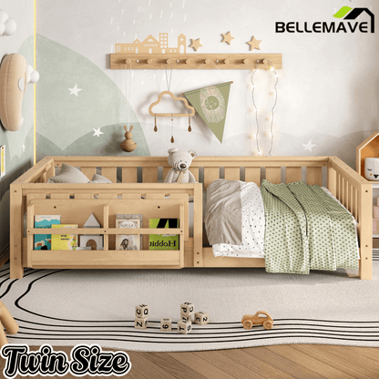 Bellemave® Queen Size Floor Bed with Slats and Safety Guardrail, Easy Assemble Montessori Beds with Fence and Built - in Bookshelf for Girls, Boys, White - Bellemave