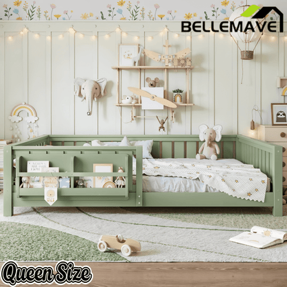 Bellemave® Queen Size Floor Bed with Slats and Safety Guardrail, Easy Assemble Montessori Beds with Fence and Built-in Bookshelf for Girls, Boys, White - Bellemave