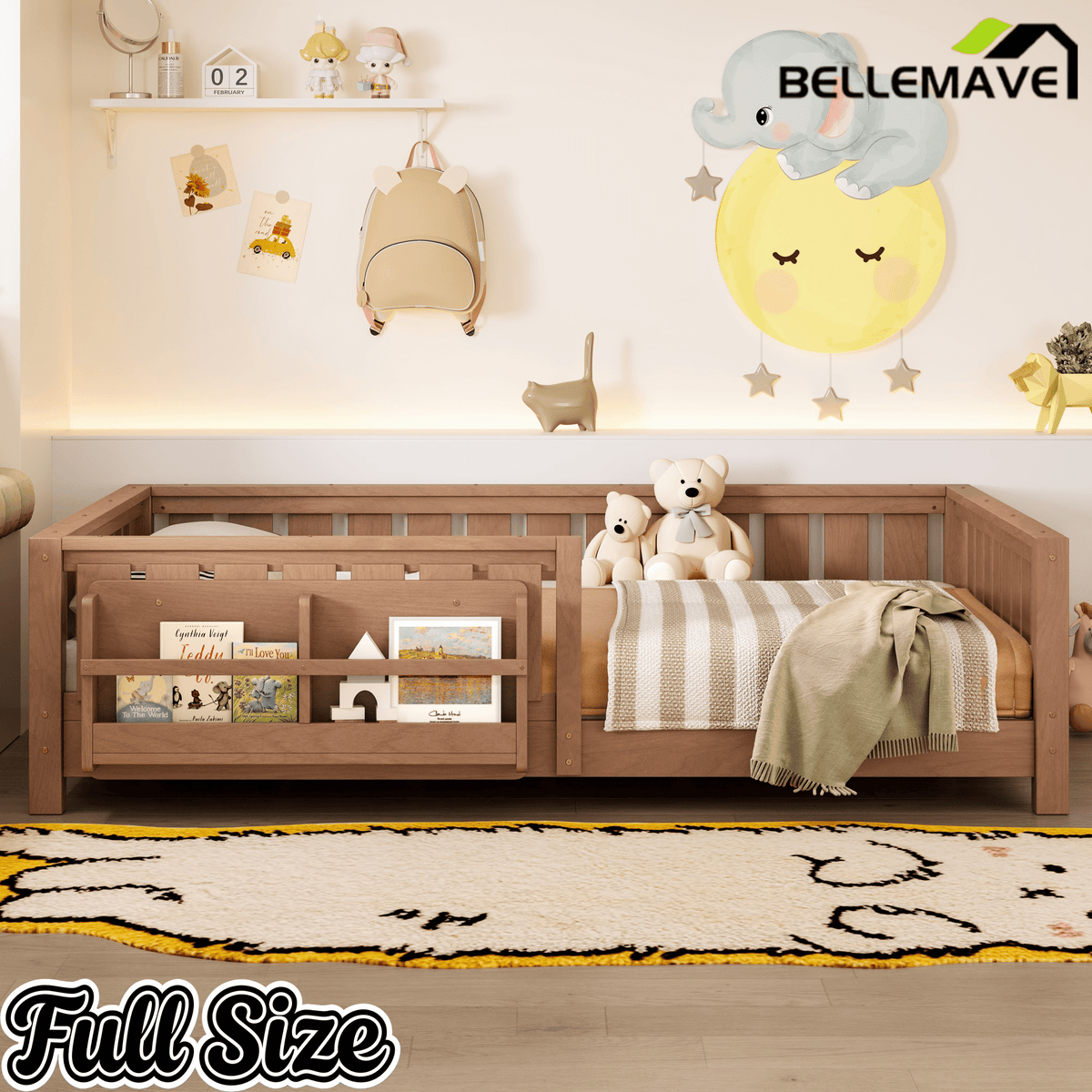 Bellemave® Queen Size Floor Bed with Slats and Safety Guardrail, Easy Assemble Montessori Beds with Fence and Built - in Bookshelf for Girls, Boys, White - Bellemave