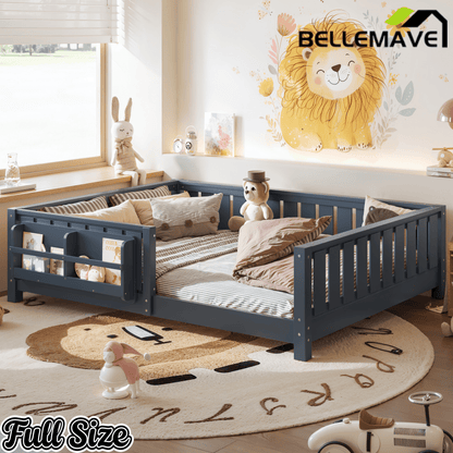Bellemave® Queen Size Floor Bed with Slats and Safety Guardrail, Easy Assemble Montessori Beds with Fence and Built - in Bookshelf for Girls, Boys, White - Bellemave