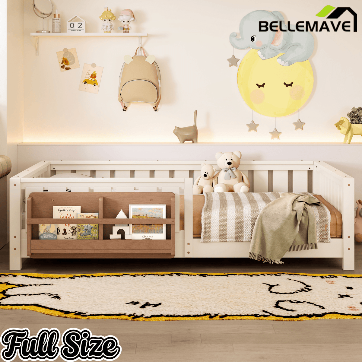 Bellemave® Queen Size Floor Bed with Slats and Safety Guardrail, Easy Assemble Montessori Beds with Fence and Built - in Bookshelf for Girls, Boys, White - Bellemave