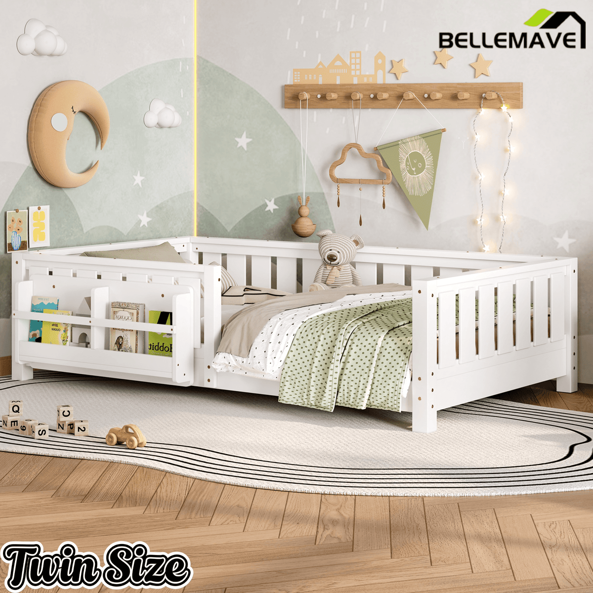 Bellemave® Queen Size Floor Bed with Slats and Safety Guardrail, Easy Assemble Montessori Beds with Fence and Built - in Bookshelf for Girls, Boys, White - Bellemave