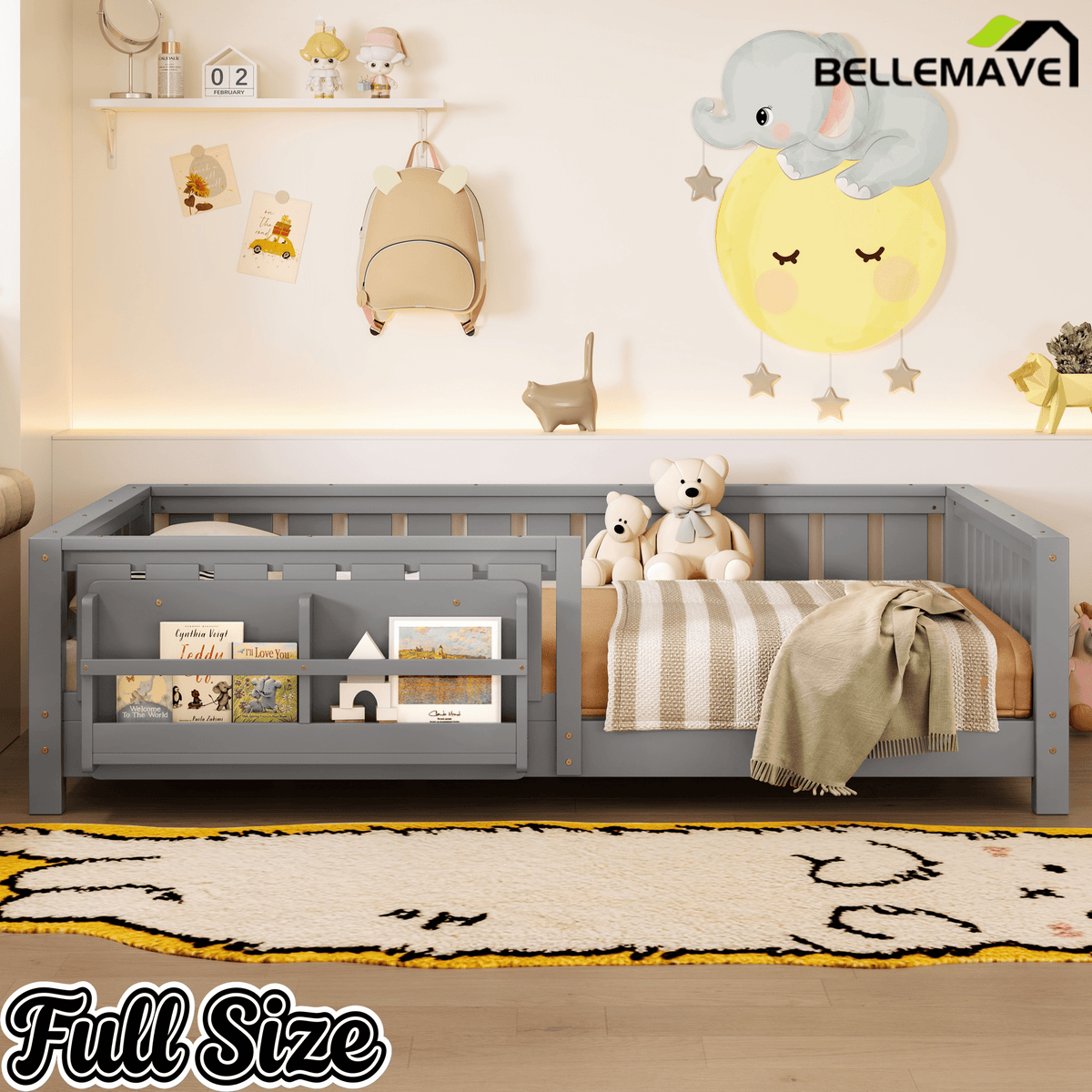 Bellemave® Queen Size Floor Bed with Slats and Safety Guardrail, Easy Assemble Montessori Beds with Fence and Built - in Bookshelf for Girls, Boys, White - Bellemave