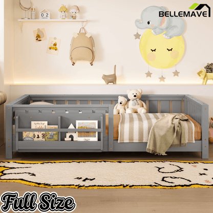 Bellemave® Queen Size Floor Bed with Slats and Safety Guardrail, Easy Assemble Montessori Beds with Fence and Built - in Bookshelf for Girls, Boys, White - Bellemave