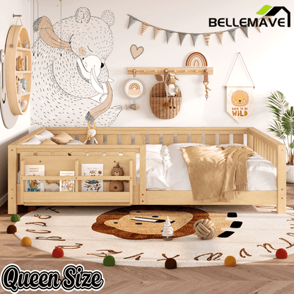 Bellemave® Queen Size Floor Bed with Slats and Safety Guardrail, Easy Assemble Montessori Beds with Fence and Built - in Bookshelf for Girls, Boys, White - Bellemave