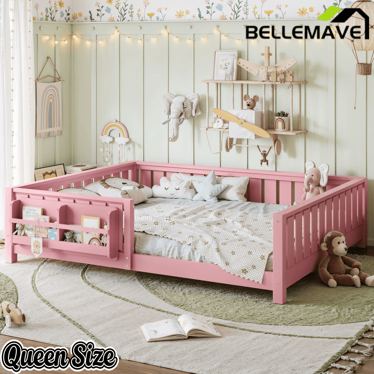 Bellemave® Queen Size Floor Bed with Slats and Safety Guardrail, Easy Assemble Montessori Beds with Fence and Built-in Bookshelf for Girls, Boys, White - Bellemave