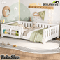 Bellemave® Queen Size Floor Bed with Slats and Safety Guardrail, Easy Assemble Montessori Beds with Fence and Built - in Bookshelf for Girls, Boys, White - Bellemave