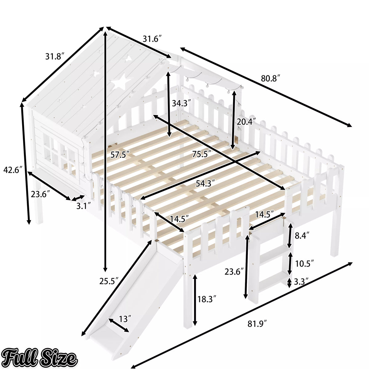 URTR Full Size Kids Low Loft Bed with Slide,House Loft Bed with LED Lights and Ladder,Solid Wood Girls Loft Bed Frame with Safety Guardrails for Girls Boys,Natural